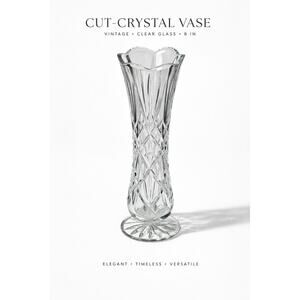 Cut Crystal Vase Clear Glass Flared Rim Starburst Base Vintage Style 8 Inch